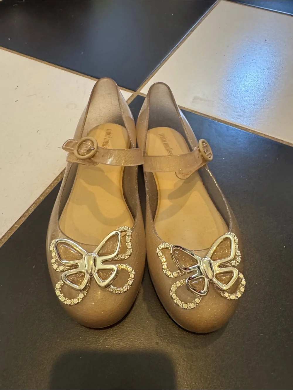 Mini Melissa Glittery Beige Mary Jane Flats with Rhinestone Butterfly